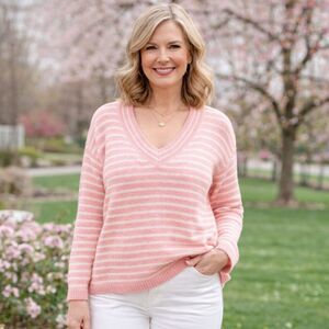 TALBOTS Linen Cotton Sweater SMALL Women's Pink Striped V-Neck Sweater